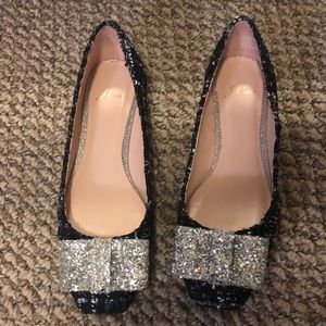 JCrew Blue Tweed Glitter Bow Flats